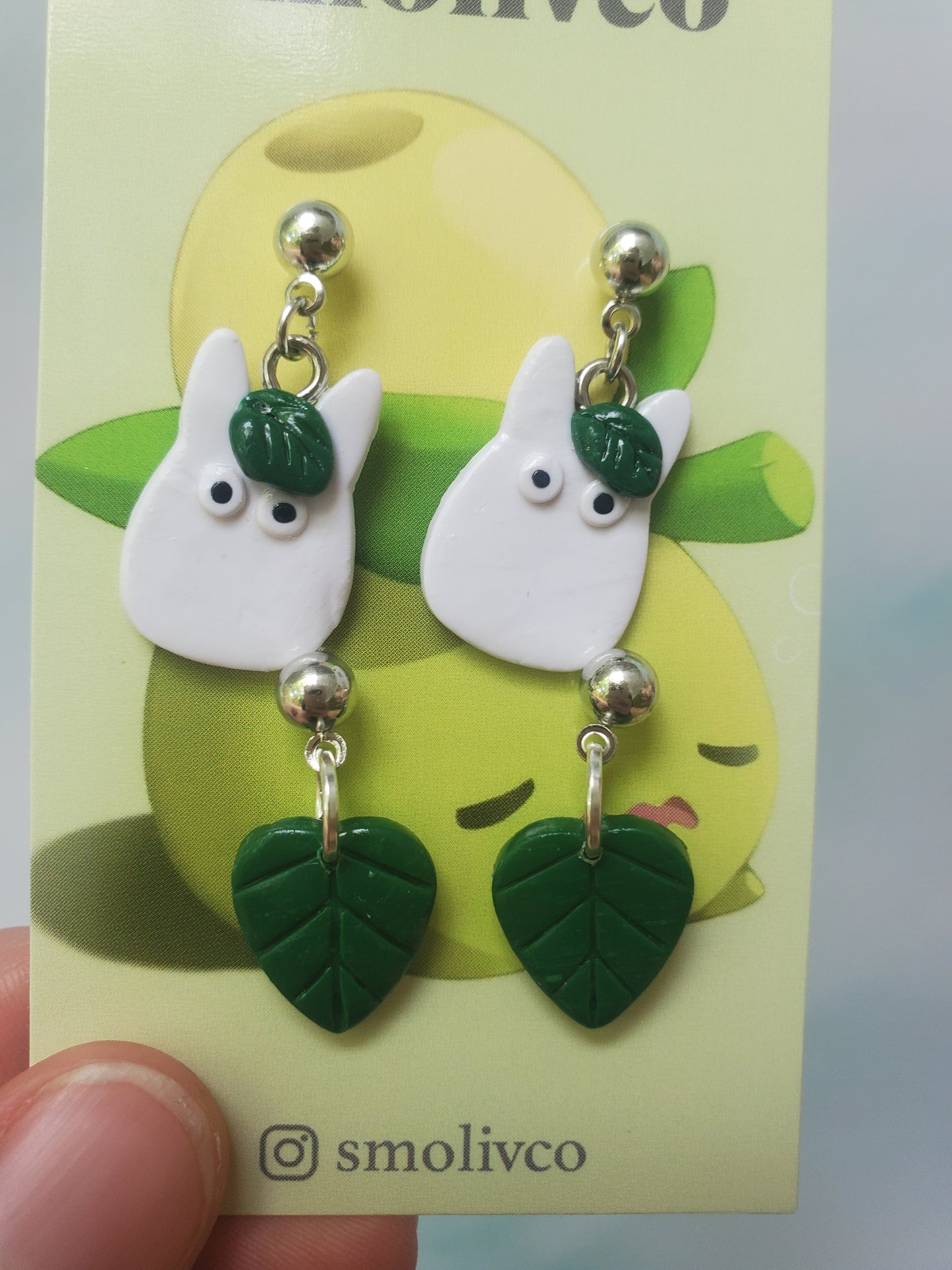 White Totoro and Leaf from My Neighbor Totoro Drop Dangle Gold Stud Earrings Studio Ghibli