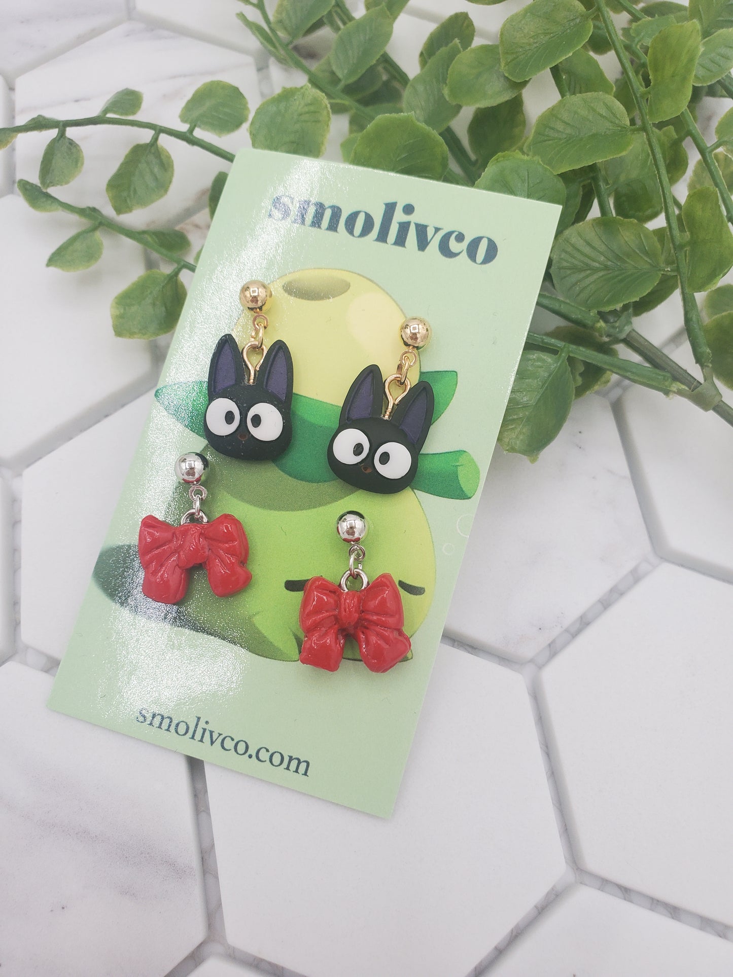 Jiji and Red Bow Handmade Clay Stud Hypoallergenic Earrings